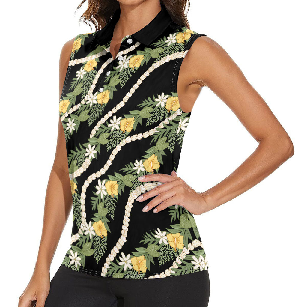Hawaiian Pikake Maile Lei Women Sleeveless Polo Shirt Tiare Hibiscus Kalo Palapalai Leaf Black