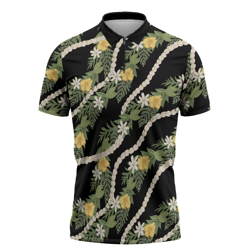 Hawaiian Pikake Maile Lei Zipper Polo Shirt Tiare Hibiscus Kalo Palapalai Leaf Black LT19 Black - Polynesian Pride