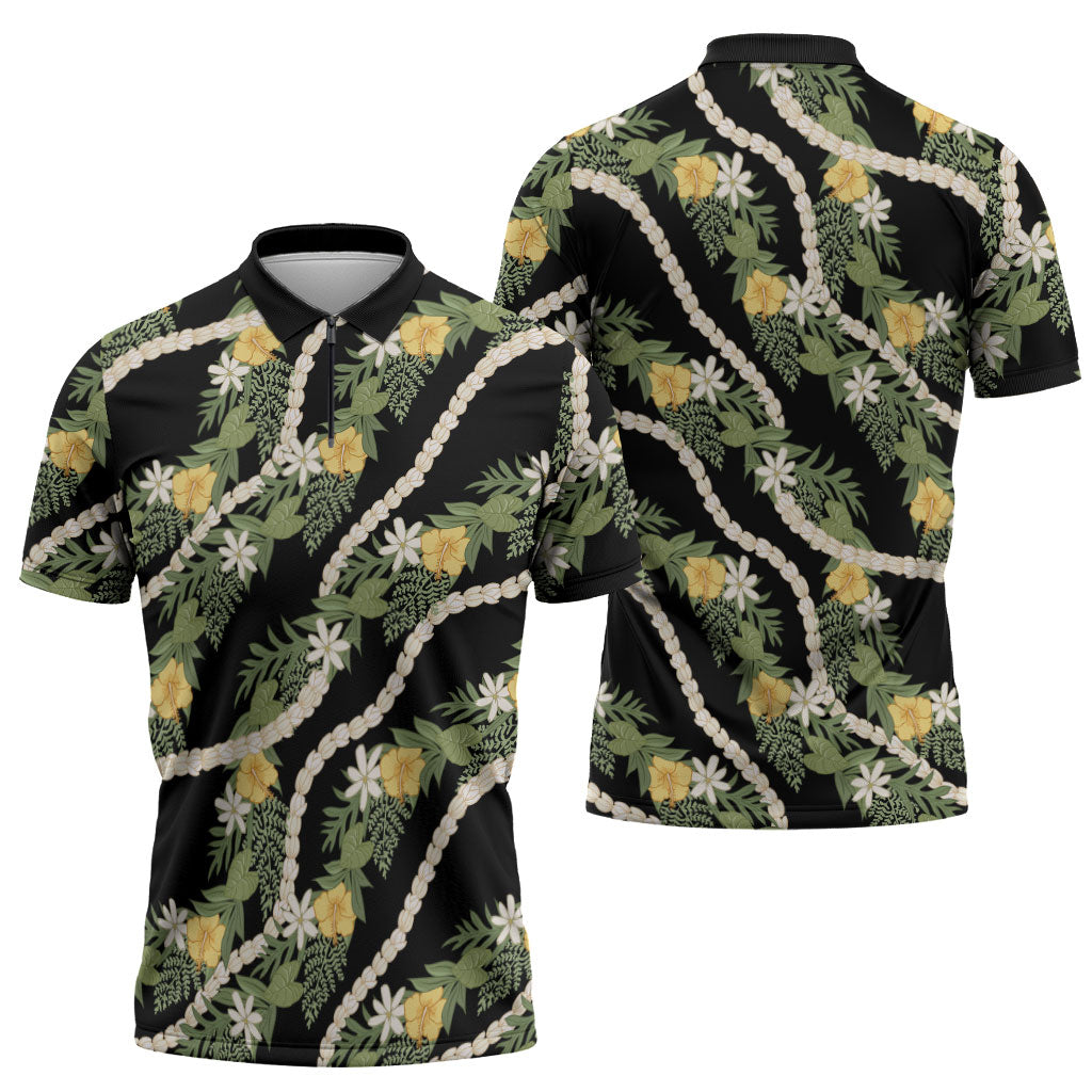 Hawaiian Pikake Maile Lei Zipper Polo Shirt Tiare Hibiscus Kalo Palapalai Leaf Black LT19 - Polynesian Pride