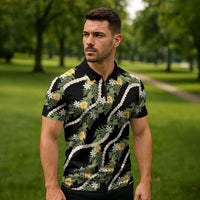 Hawaiian Pikake Maile Lei Zipper Polo Shirt Tiare Hibiscus Kalo Palapalai Leaf Black LT19 - Polynesian Pride
