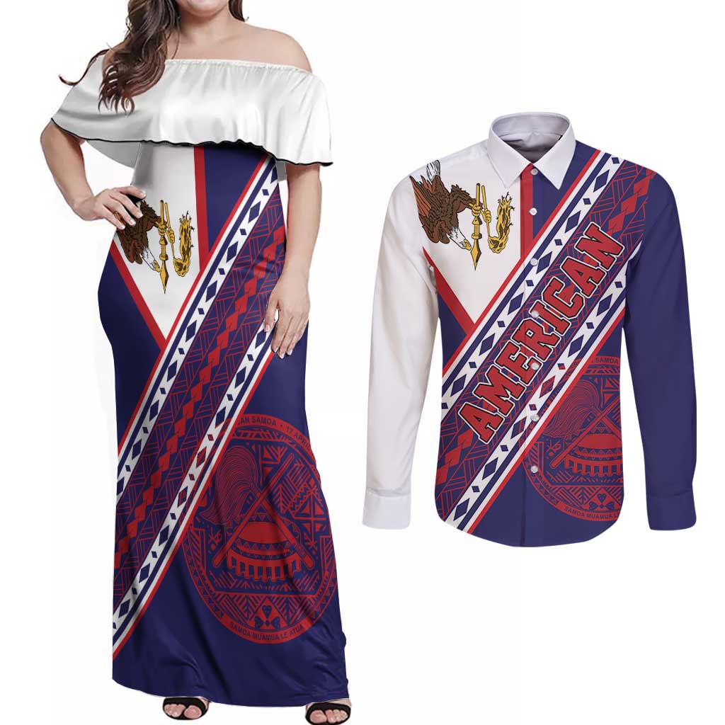 American Samoa Flag Day Couples Matching Off Shoulder Maxi Dress and Long Sleeve Button Shirt Polynesian Tribal Tattoo Eagle Art LT19 Navy - Polynesian Pride