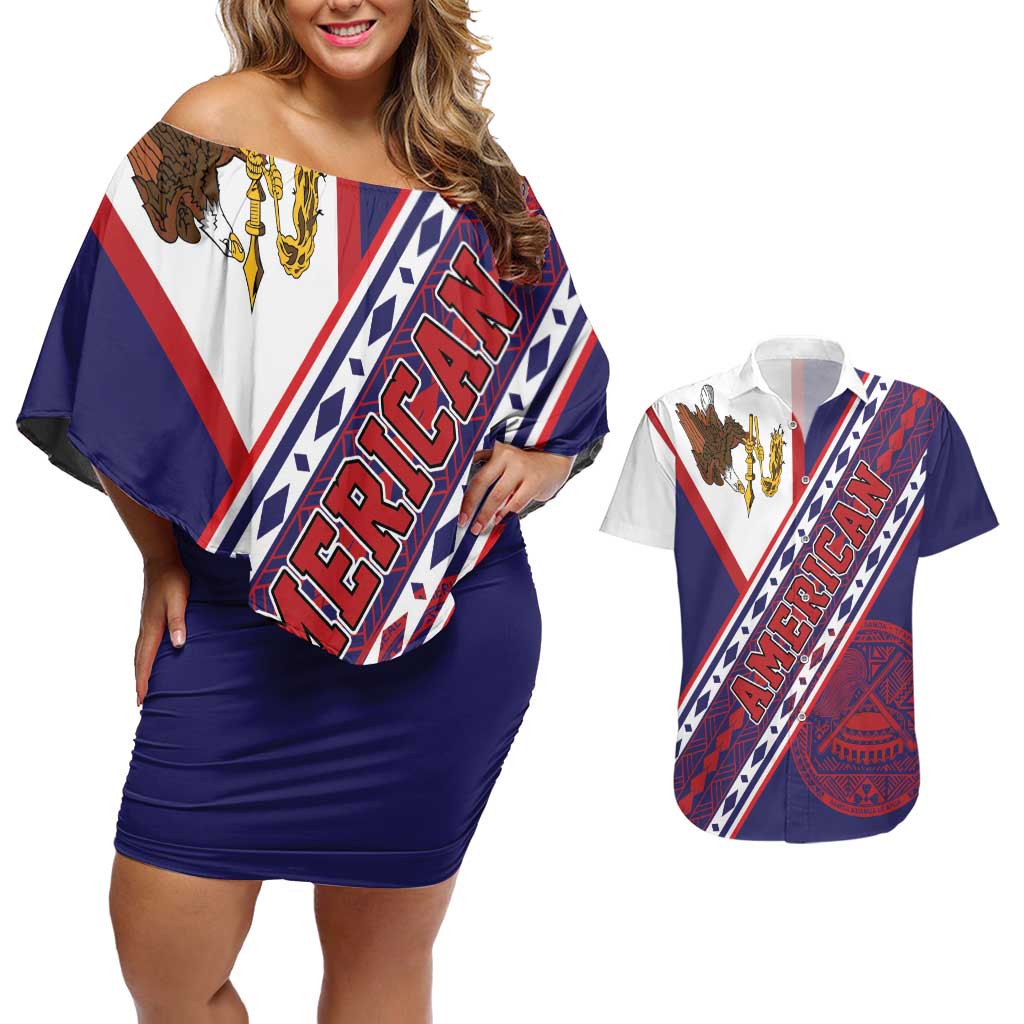 American Samoa Flag Day Couples Matching Off Shoulder Short Dress and Hawaiian Shirt Polynesian Tribal Tattoo Eagle Art LT19 Navy - Polynesian Pride
