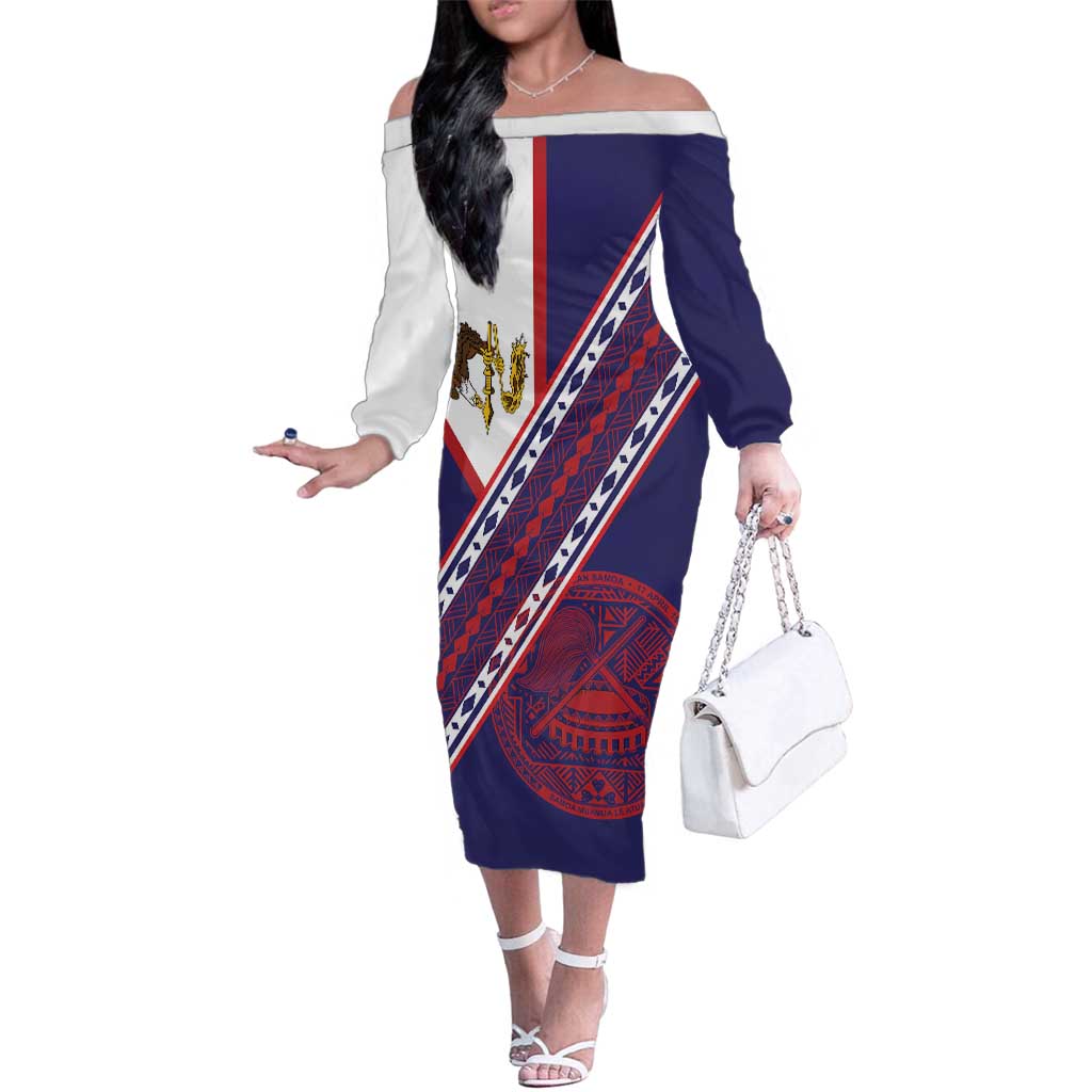 American Samoa Flag Day Family Matching Off The Shoulder Long Sleeve Dress and Hawaiian Shirt Polynesian Tribal Tattoo Eagle Art LT19 Mom's Dress Navy - Polynesian Pride