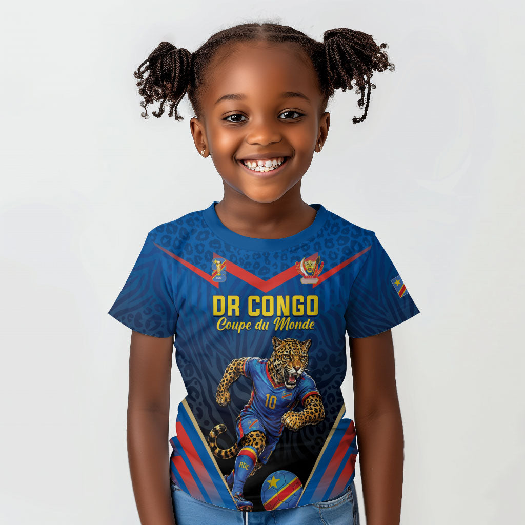 Custom World Football 2026 DR Congo Kid T shirt Les Leopards Coupe du Monde Glory LT19 Blue - Polynesian Pride