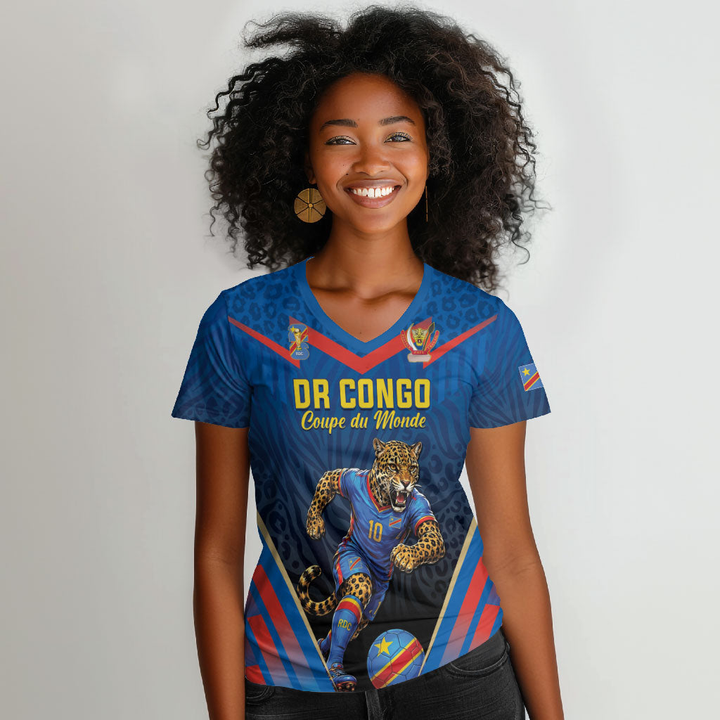 Custom World Football 2026 DR Congo Women V-Neck T-Shirt Les Leopards Coupe du Monde Glory LT19 Female Blue - Polynesian Pride