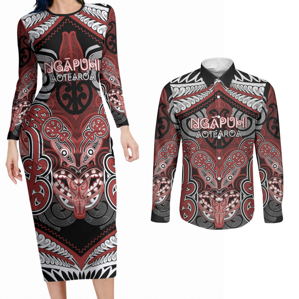 Aotearoa Iwi Ngapuhi Personalised Couples Matching Long Sleeve Bodycon Dress and Long Sleeve Button Shirt Maori Kowhaiwhai Pattern LT19 Red - Polynesian Pride