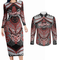 Aotearoa Iwi Ngapuhi Personalised Couples Matching Long Sleeve Bodycon Dress and Long Sleeve Button Shirt Maori Kowhaiwhai Pattern LT19 Red - Polynesian Pride