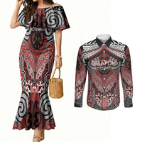 Aotearoa Iwi Ngapuhi Personalised Couples Matching Mermaid Dress and Long Sleeve Button Shirt Maori Kowhaiwhai Pattern LT19 Red - Polynesian Pride