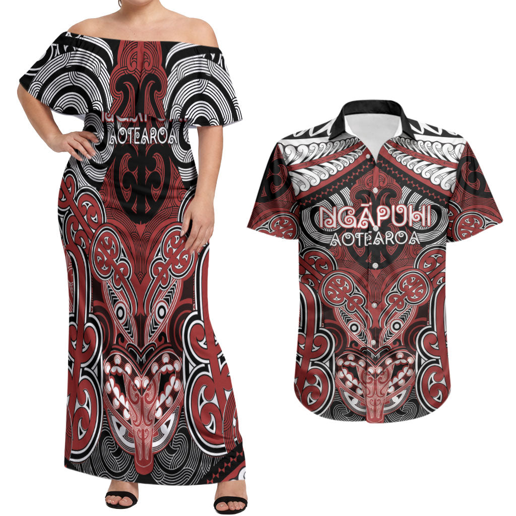 Aotearoa Iwi Ngapuhi Personalised Couples Matching Off Shoulder Maxi Dress and Hawaiian Shirt Maori Kowhaiwhai Pattern LT19 Red - Polynesian Pride