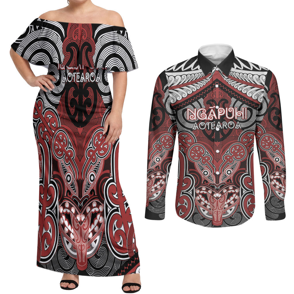 Aotearoa Iwi Ngapuhi Personalised Couples Matching Off Shoulder Maxi Dress and Long Sleeve Button Shirt Maori Kowhaiwhai Pattern LT19 Red - Polynesian Pride