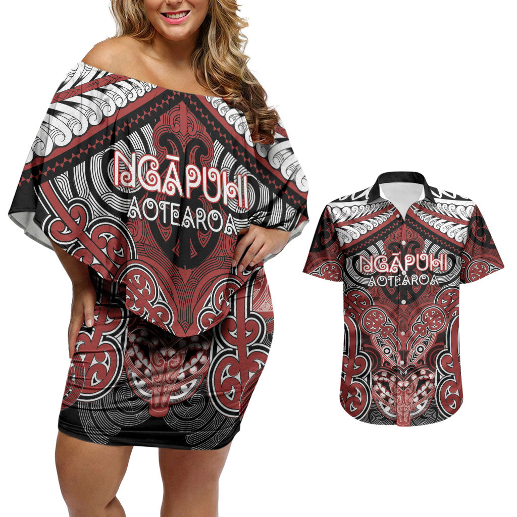Aotearoa Iwi Ngapuhi Personalised Couples Matching Off Shoulder Short Dress and Hawaiian Shirt Maori Kowhaiwhai Pattern LT19 Red - Polynesian Pride