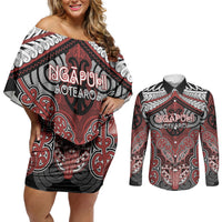 Aotearoa Iwi Ngapuhi Personalised Couples Matching Off Shoulder Short Dress and Long Sleeve Button Shirt Maori Kowhaiwhai Pattern LT19 Red - Polynesian Pride