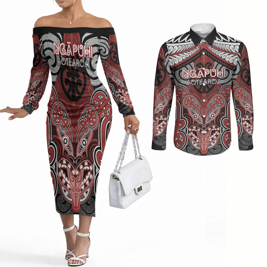 Aotearoa Iwi Ngapuhi Personalised Couples Matching Off The Shoulder Long Sleeve Dress and Long Sleeve Button Shirt Maori Kowhaiwhai Pattern LT19 Red - Polynesian Pride