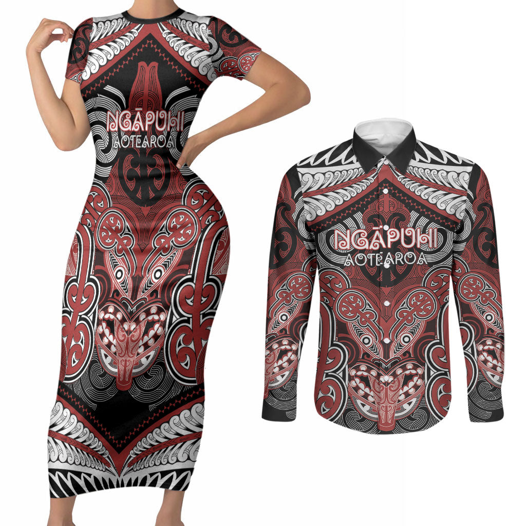 Aotearoa Iwi Ngapuhi Personalised Couples Matching Short Sleeve Bodycon Dress and Long Sleeve Button Shirt Maori Kowhaiwhai Pattern LT19 Red - Polynesian Pride