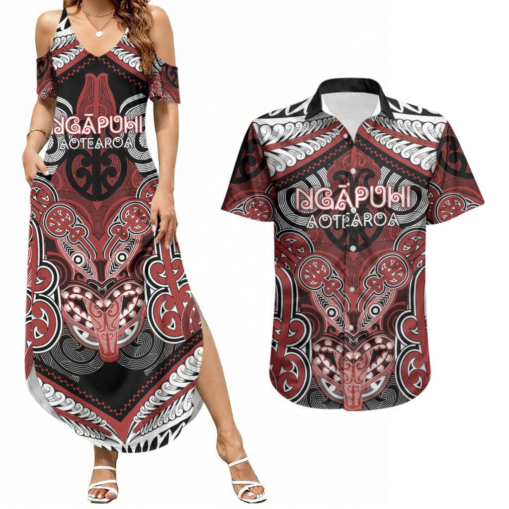 Aotearoa Iwi Ngapuhi Personalised Couples Matching Summer Maxi Dress and Hawaiian Shirt Maori Kowhaiwhai Pattern LT19 Red - Polynesian Pride