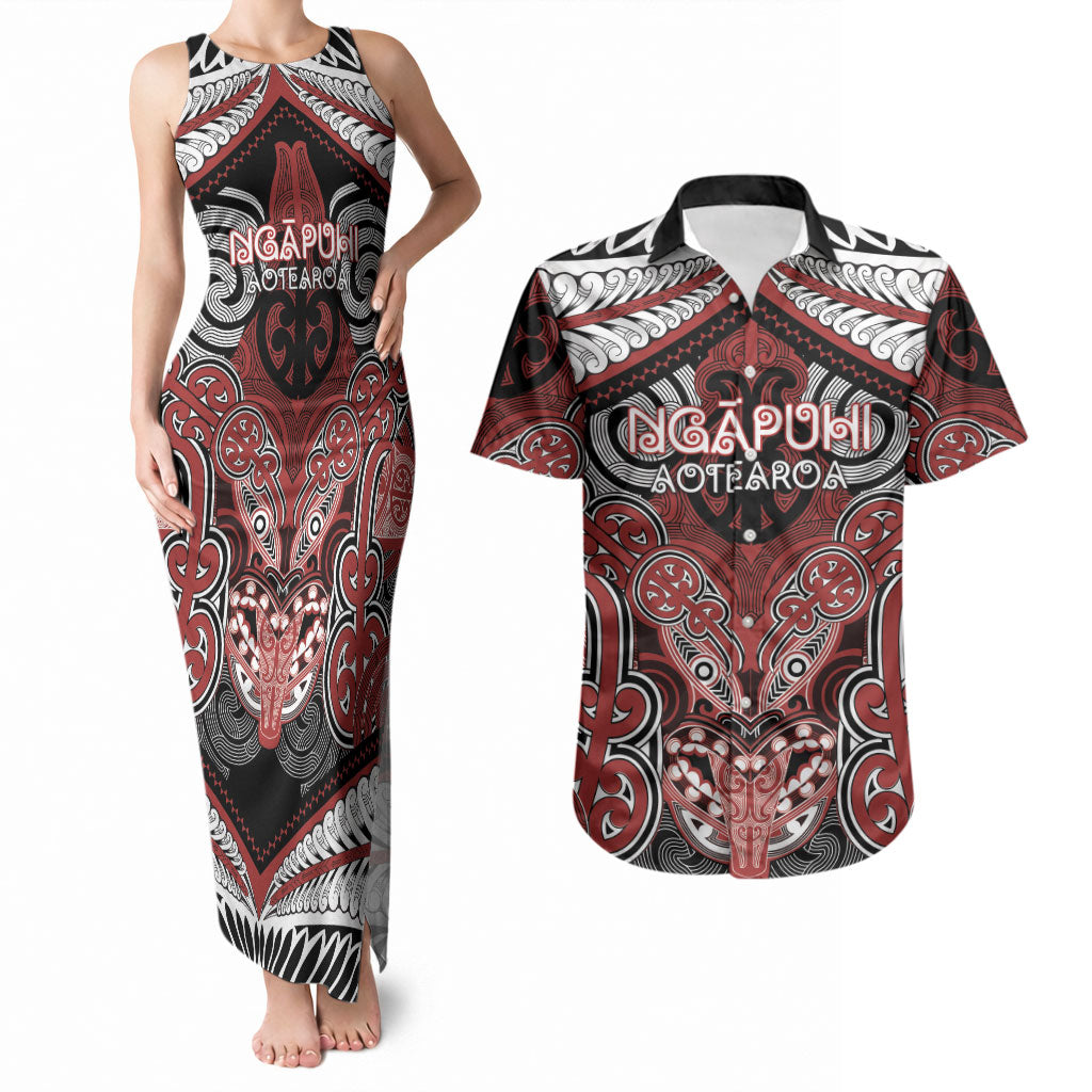 Aotearoa Iwi Ngapuhi Personalised Couples Matching Tank Maxi Dress and Hawaiian Shirt Maori Kowhaiwhai Pattern LT19 Red - Polynesian Pride