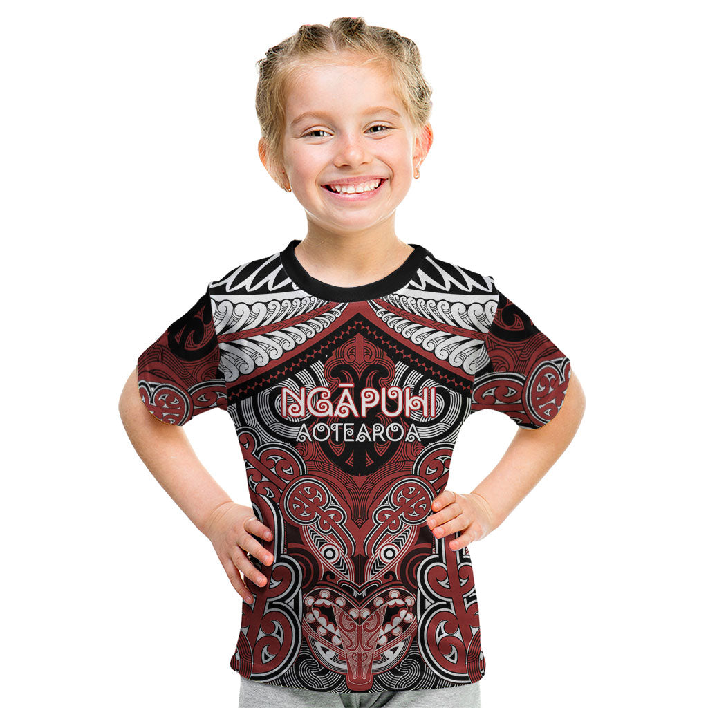 Aotearoa Iwi Ngapuhi Personalised Kid T Shirt Maori Kowhaiwhai Pattern LT19 Red - Polynesian Pride