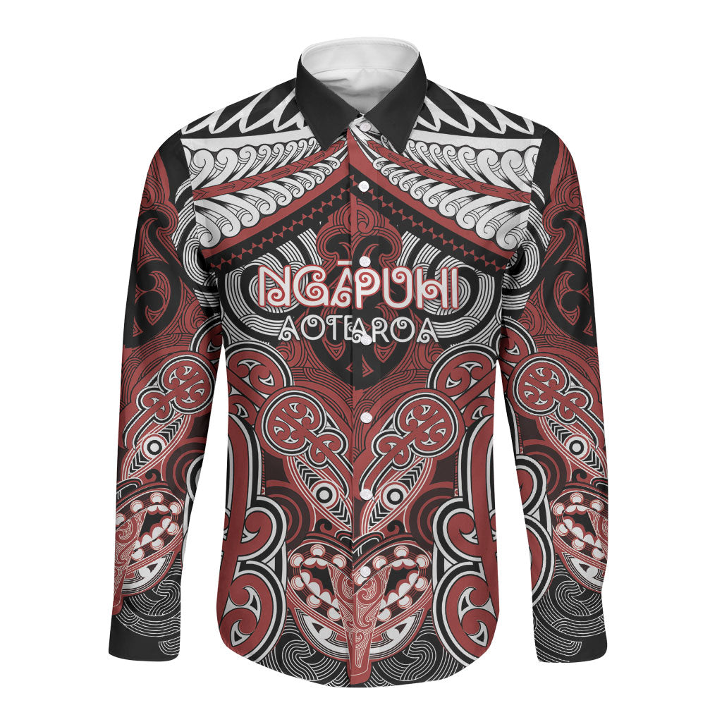 Aotearoa Iwi Ngapuhi Personalised Long Sleeve Button Shirt Maori Kowhaiwhai Pattern LT19 Unisex Red - Polynesian Pride