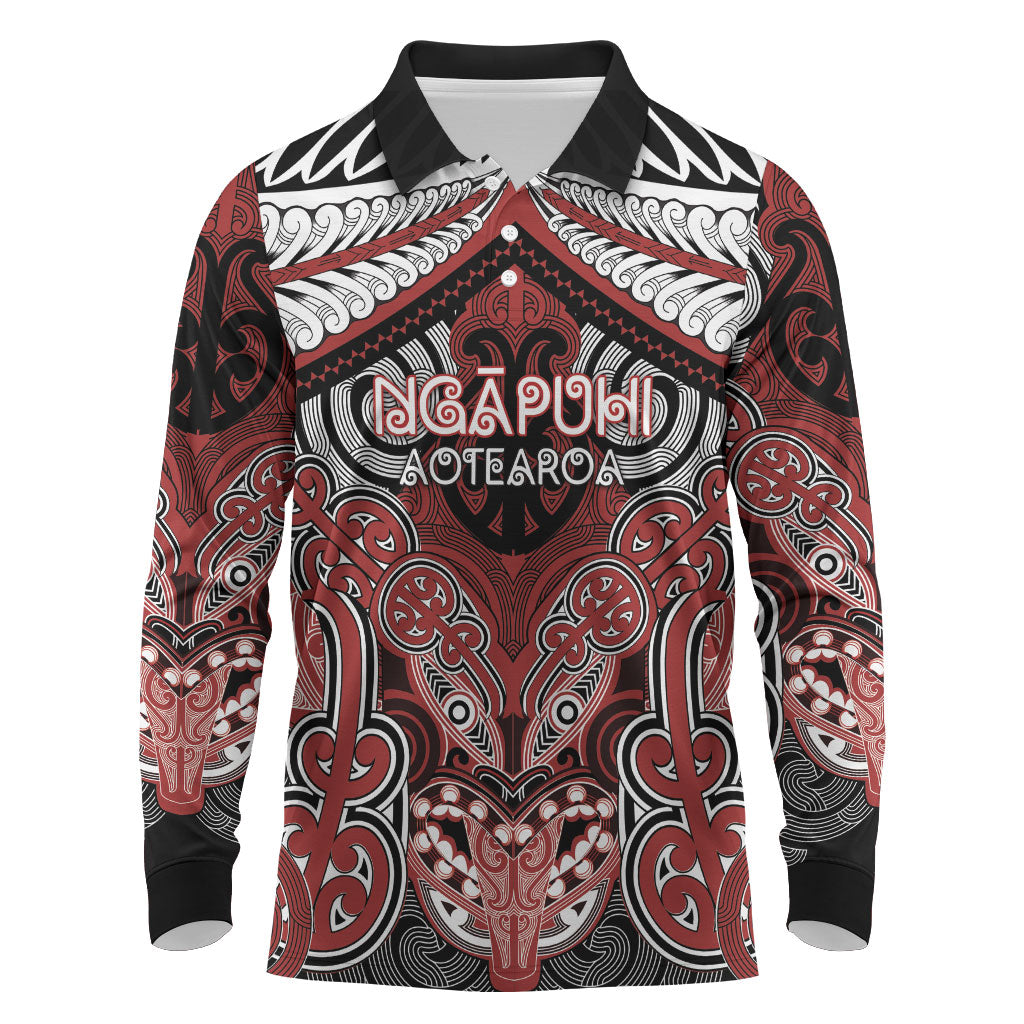Aotearoa Iwi Ngapuhi Personalised Long Sleeve Polo Shirt Maori Kowhaiwhai Pattern LT19 Red - Polynesian Pride