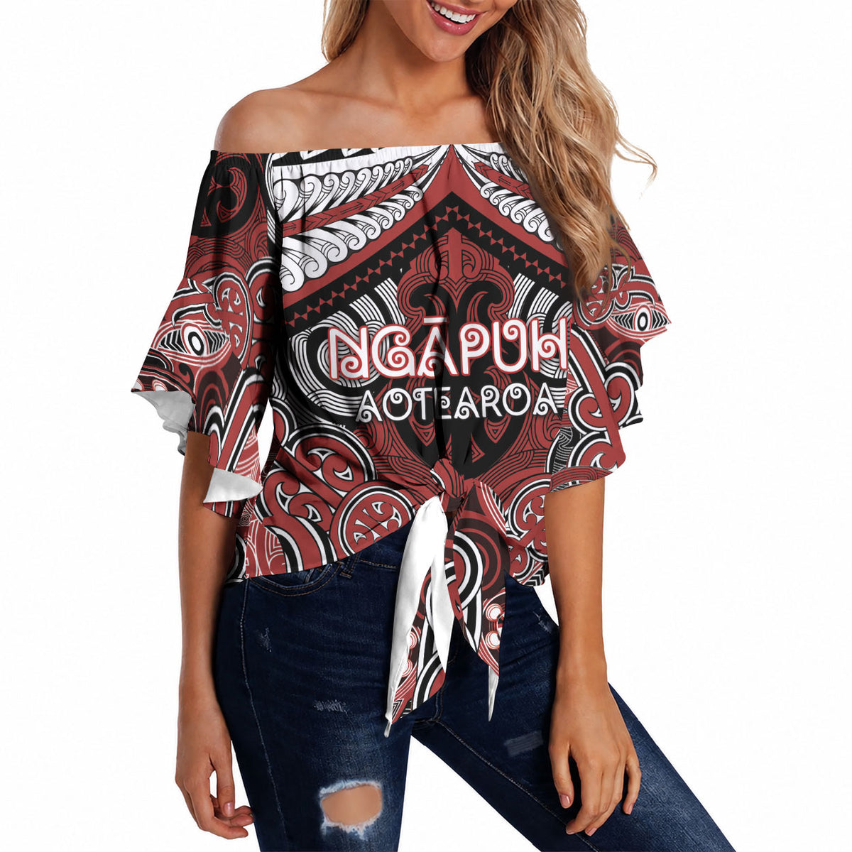 Aotearoa Iwi Ngapuhi Personalised Off Shoulder Wrap Waist Top Maori Kowhaiwhai Pattern LT19 Red - Polynesian Pride