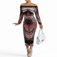 Aotearoa Iwi Ngapuhi Personalised Off The Shoulder Long Sleeve Dress Maori Kowhaiwhai Pattern LT19 Women Red - Polynesian Pride