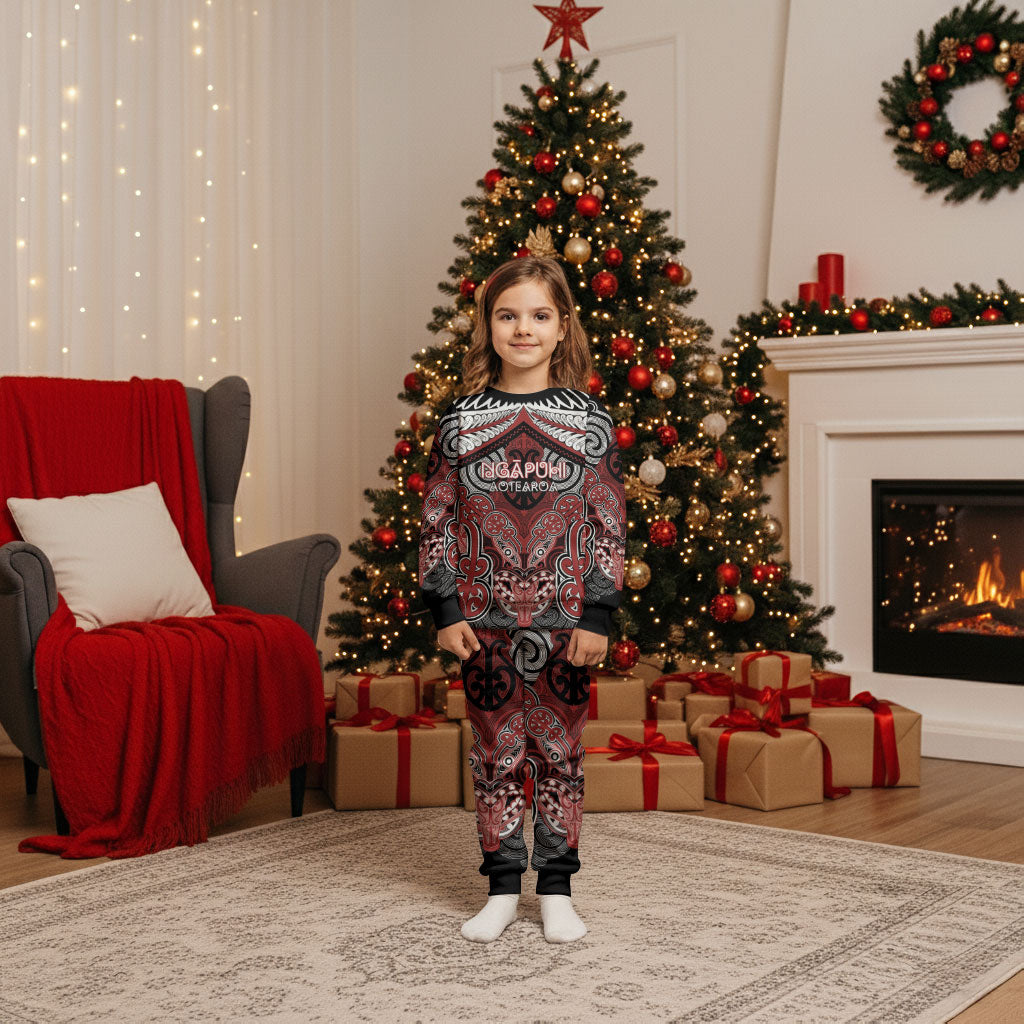 Aotearoa Iwi Ngapuhi Personalised Christmas Pajama Set Maori Kowhaiwhai Pattern LT19 Kid Red - Polynesian Pride