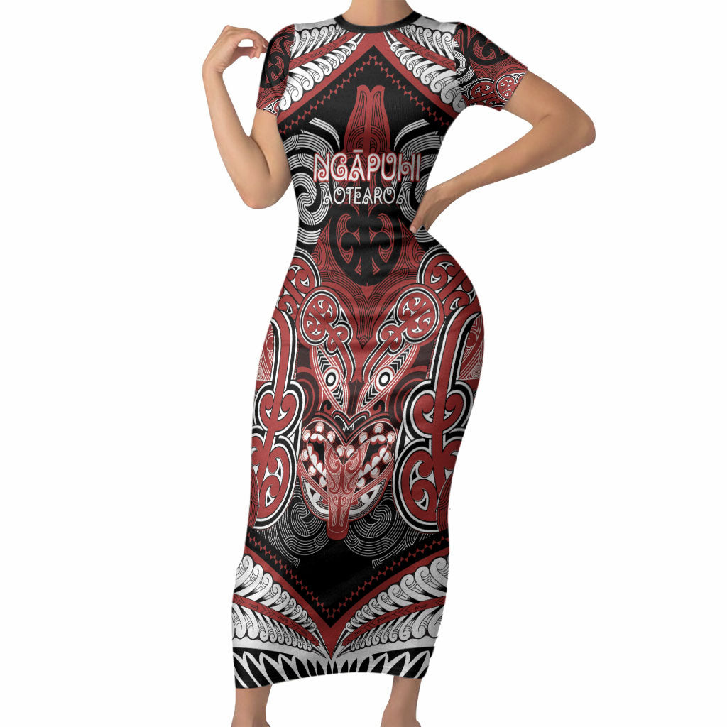 Aotearoa Iwi Ngapuhi Personalised Short Sleeve Bodycon Dress Maori Kowhaiwhai Pattern LT19 Long Dress Red - Polynesian Pride