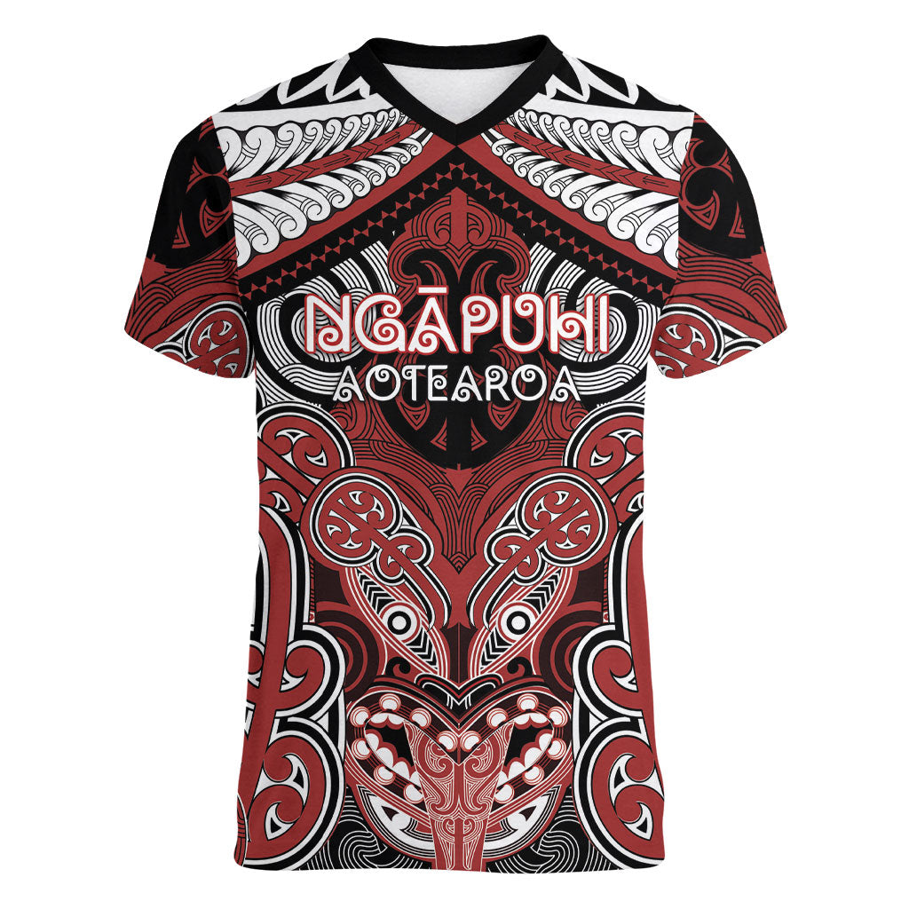 Aotearoa Iwi Ngapuhi Personalised Women V-Neck T-Shirt Maori Kowhaiwhai Pattern LT19 Female Red - Polynesian Pride