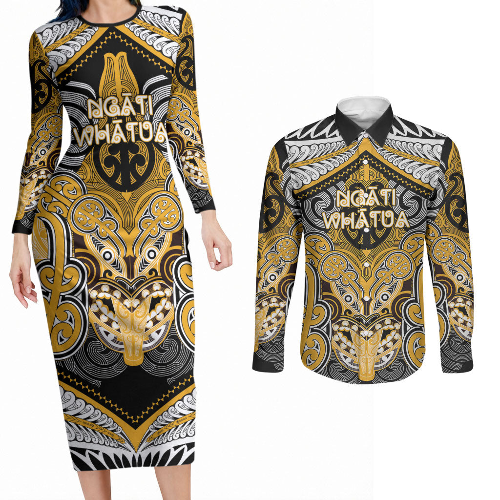 Aotearoa Iwi Ngati Whatua Personalised Couples Matching Long Sleeve Bodycon Dress and Long Sleeve Button Shirt Maori Kowhaiwhai Pattern LT19 Yellow - Polynesian Pride
