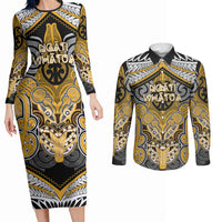 Aotearoa Iwi Ngati Whatua Personalised Couples Matching Long Sleeve Bodycon Dress and Long Sleeve Button Shirt Maori Kowhaiwhai Pattern LT19 Yellow - Polynesian Pride