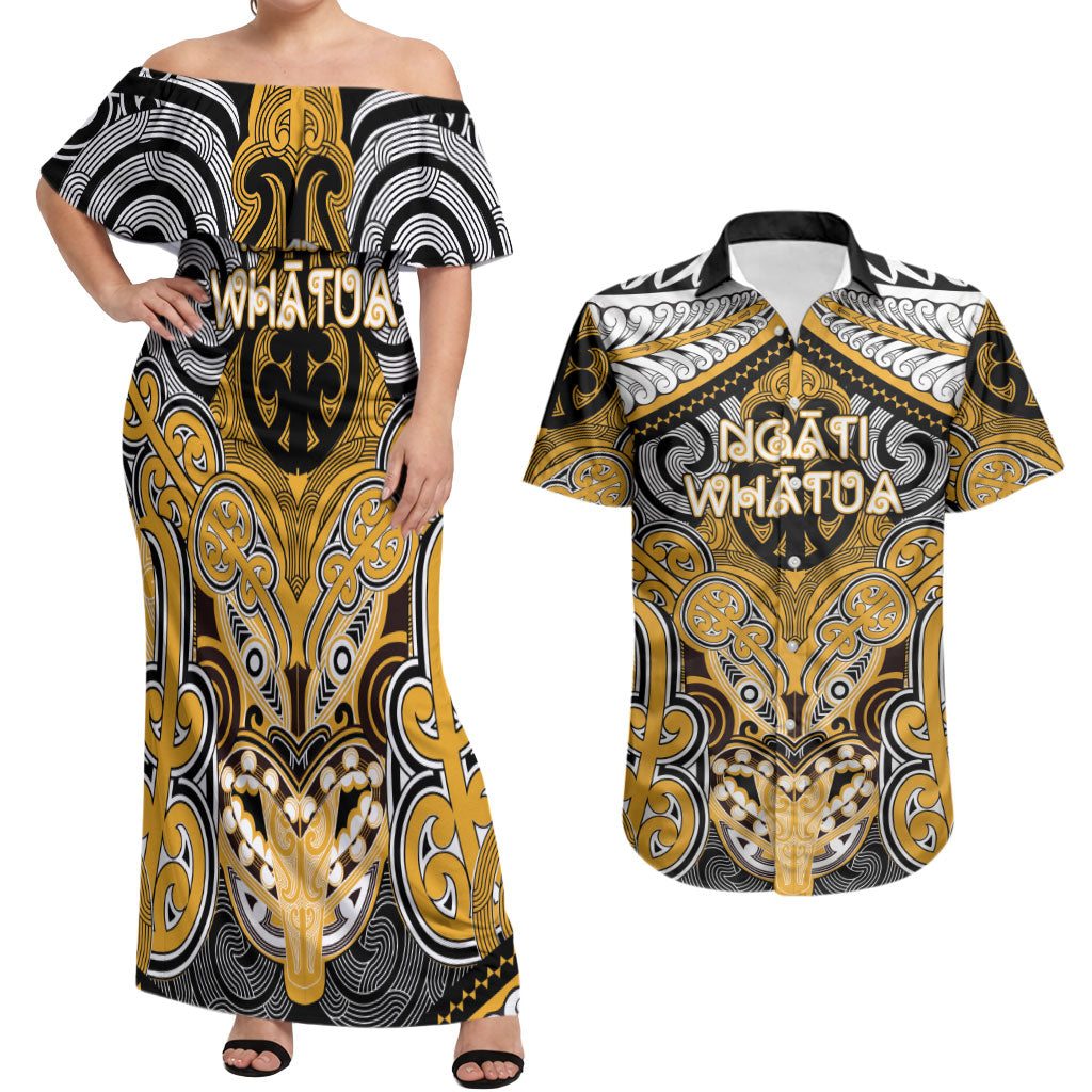 Aotearoa Iwi Ngati Whatua Personalised Couples Matching Off Shoulder Maxi Dress and Hawaiian Shirt Maori Kowhaiwhai Pattern LT19 Yellow - Polynesian Pride