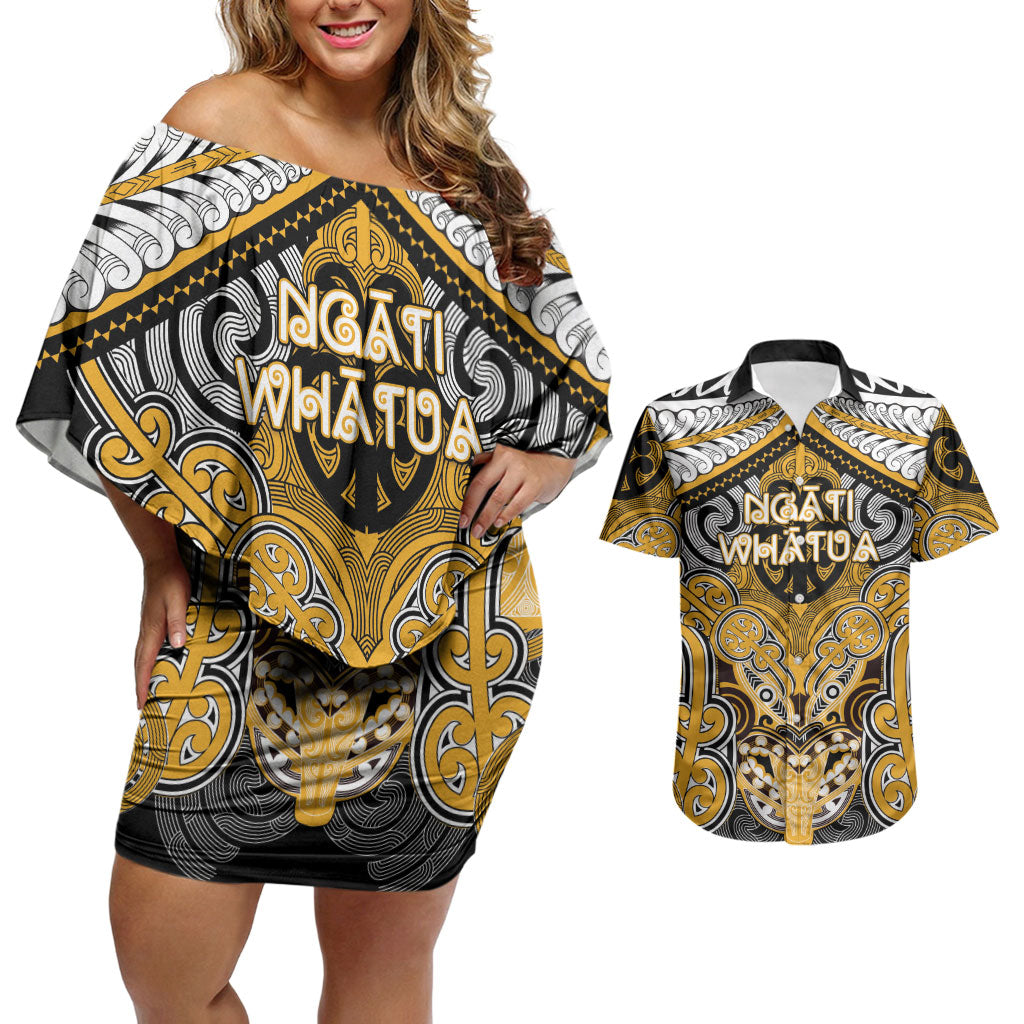 Aotearoa Iwi Ngati Whatua Personalised Couples Matching Off Shoulder Short Dress and Hawaiian Shirt Maori Kowhaiwhai Pattern LT19 Yellow - Polynesian Pride