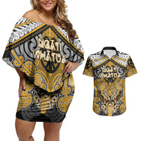 Aotearoa Iwi Ngati Whatua Personalised Couples Matching Off Shoulder Short Dress and Hawaiian Shirt Maori Kowhaiwhai Pattern LT19 Yellow - Polynesian Pride
