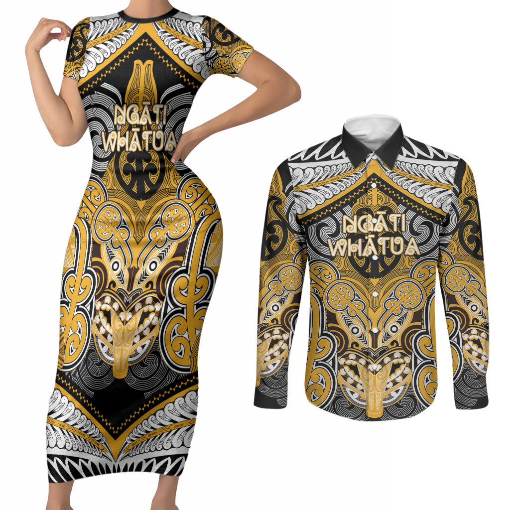 Aotearoa Iwi Ngati Whatua Personalised Couples Matching Short Sleeve Bodycon Dress and Long Sleeve Button Shirt Maori Kowhaiwhai Pattern LT19 Yellow - Polynesian Pride