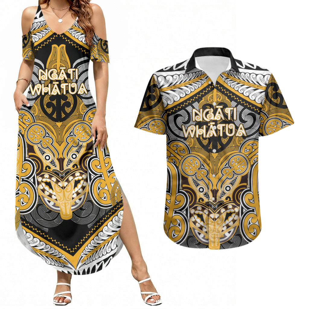 Aotearoa Iwi Ngati Whatua Personalised Couples Matching Summer Maxi Dress and Hawaiian Shirt Maori Kowhaiwhai Pattern LT19 Yellow - Polynesian Pride