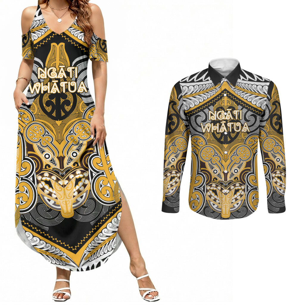 Aotearoa Iwi Ngati Whatua Personalised Couples Matching Summer Maxi Dress and Long Sleeve Button Shirt Maori Kowhaiwhai Pattern LT19 Yellow - Polynesian Pride
