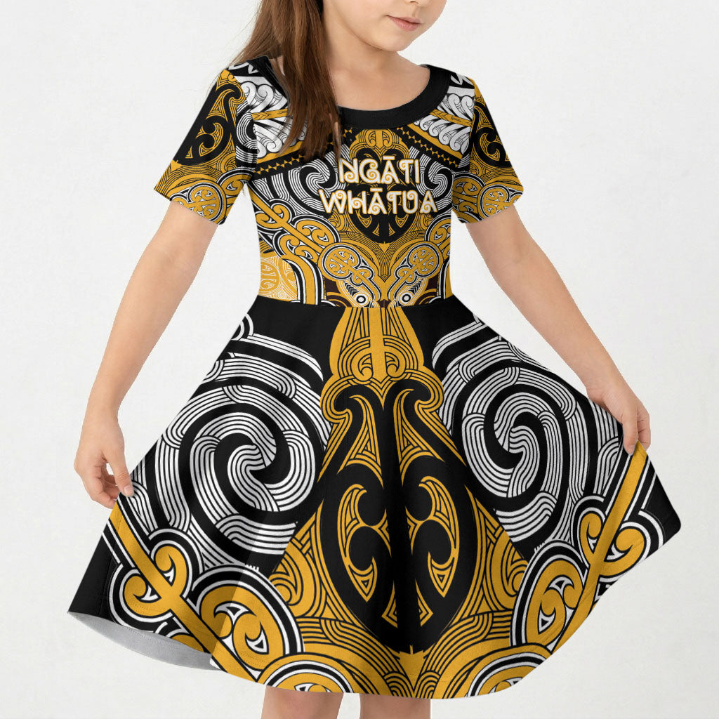 Aotearoa Iwi Ngati Whatua Personalised Kid Short Sleeve Dress Maori Kowhaiwhai Pattern LT19 KID Yellow - Polynesian Pride