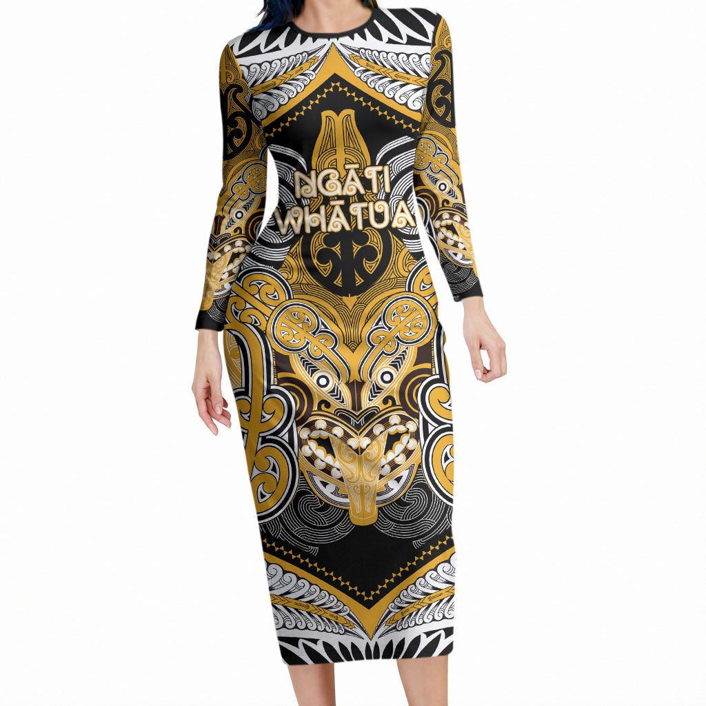 Aotearoa Iwi Ngati Whatua Personalised Long Sleeve Bodycon Dress Maori Kowhaiwhai Pattern LT19 Long Dress Yellow - Polynesian Pride