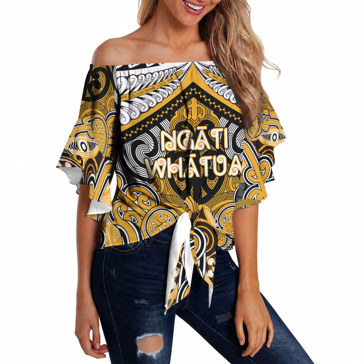 Aotearoa Iwi Ngati Whatua Personalised Off Shoulder Wrap Waist Top Maori Kowhaiwhai Pattern LT19 Yellow - Polynesian Pride