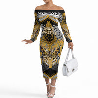Aotearoa Iwi Ngati Whatua Personalised Off The Shoulder Long Sleeve Dress Maori Kowhaiwhai Pattern LT19 Women Yellow - Polynesian Pride