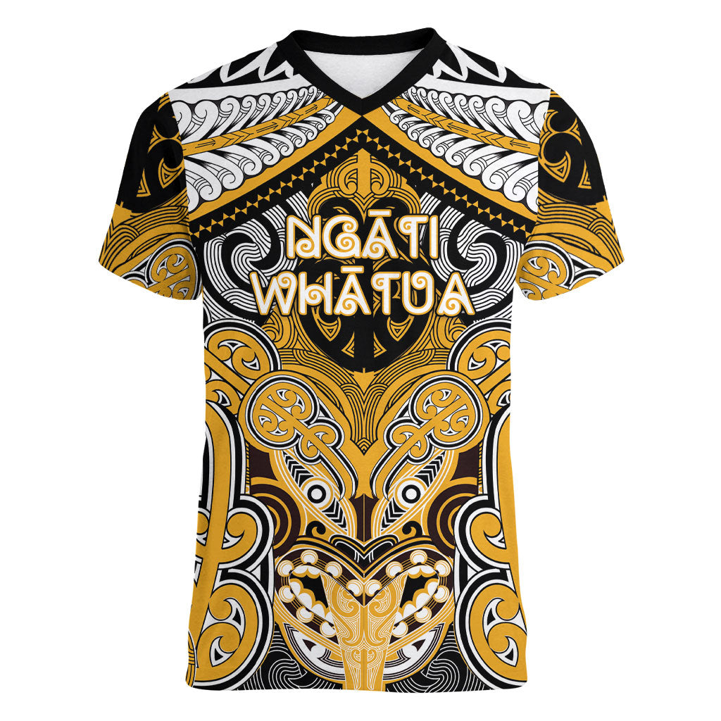 Aotearoa Iwi Ngati Whatua Personalised Women V-Neck T-Shirt Maori Kowhaiwhai Pattern LT19 Female Yellow - Polynesian Pride