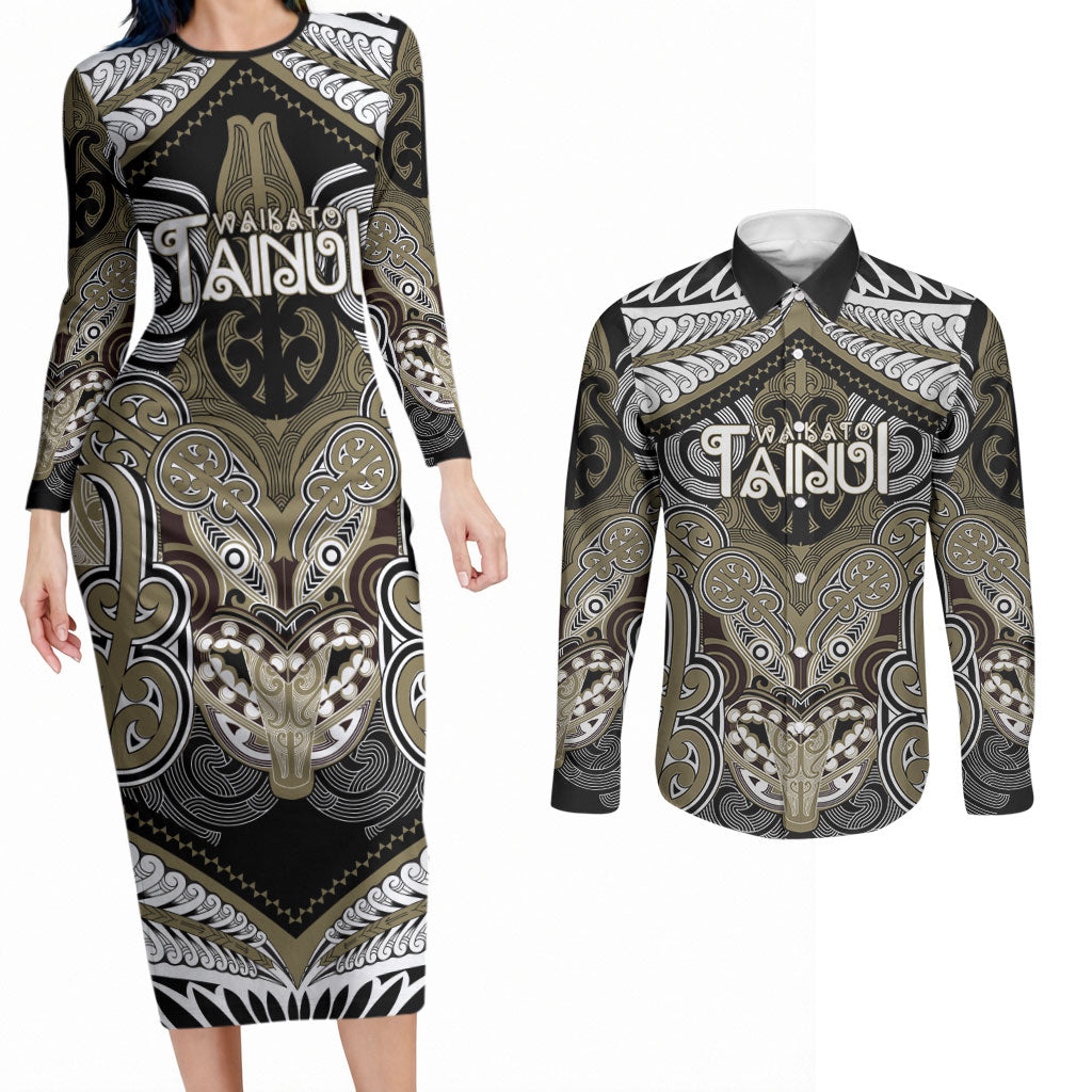 Aotearoa Iwi Waikato Tainui Personalised Couples Matching Long Sleeve Bodycon Dress and Long Sleeve Button Shirt Maori Kowhaiwhai Pattern LT19 Dark Yellow - Polynesian Pride