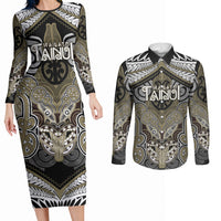 Aotearoa Iwi Waikato Tainui Personalised Couples Matching Long Sleeve Bodycon Dress and Long Sleeve Button Shirt Maori Kowhaiwhai Pattern LT19 Dark Yellow - Polynesian Pride