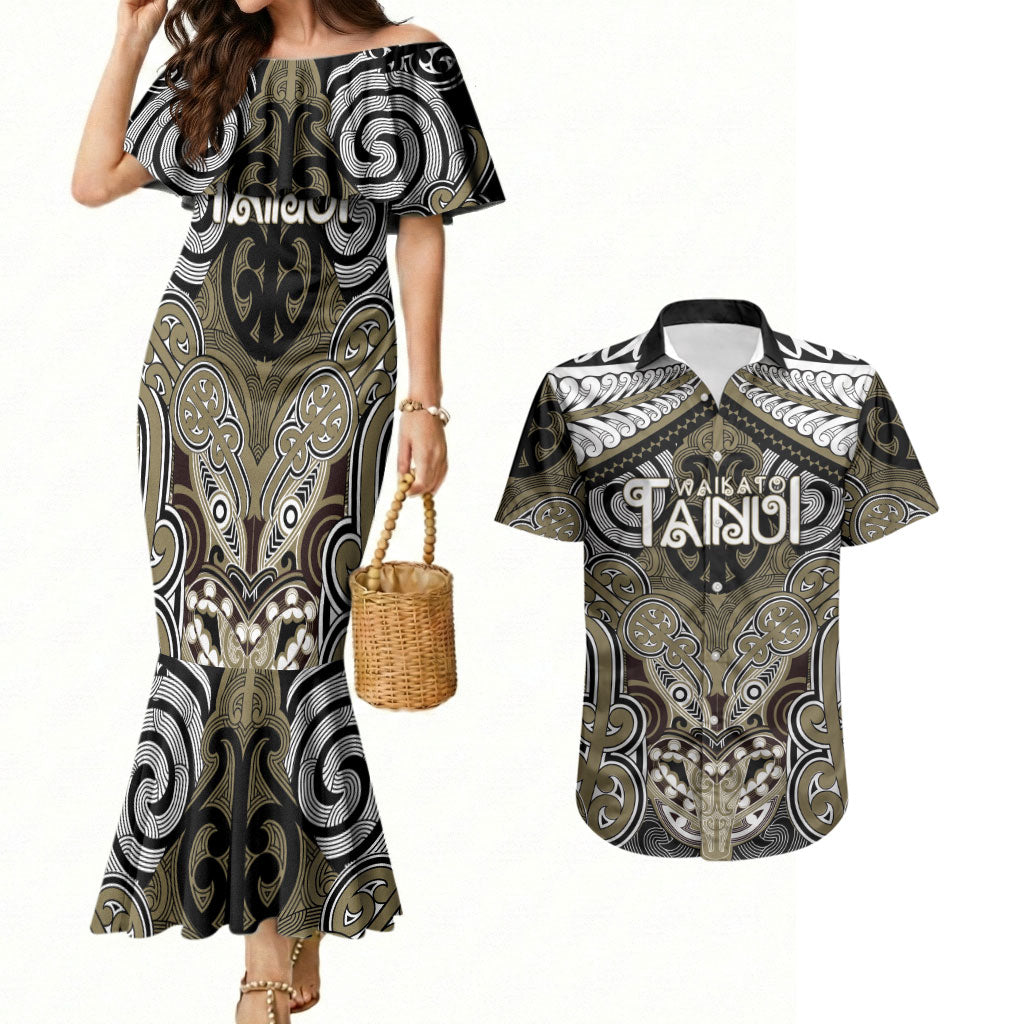Aotearoa Iwi Waikato Tainui Personalised Couples Matching Mermaid Dress and Hawaiian Shirt Maori Kowhaiwhai Pattern LT19 Dark Yellow - Polynesian Pride