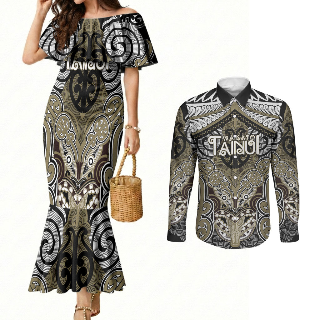 Aotearoa Iwi Waikato Tainui Personalised Couples Matching Mermaid Dress and Long Sleeve Button Shirt Maori Kowhaiwhai Pattern LT19 Dark Yellow - Polynesian Pride