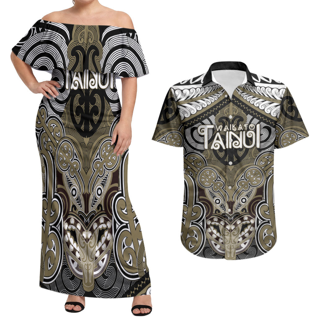 Aotearoa Iwi Waikato Tainui Personalised Couples Matching Off Shoulder Maxi Dress and Hawaiian Shirt Maori Kowhaiwhai Pattern LT19 Dark Yellow - Polynesian Pride