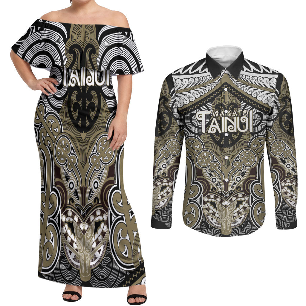 Aotearoa Iwi Waikato Tainui Personalised Couples Matching Off Shoulder Maxi Dress and Long Sleeve Button Shirt Maori Kowhaiwhai Pattern LT19 Dark Yellow - Polynesian Pride