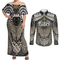 Aotearoa Iwi Waikato Tainui Personalised Couples Matching Off Shoulder Maxi Dress and Long Sleeve Button Shirt Maori Kowhaiwhai Pattern LT19 Dark Yellow - Polynesian Pride