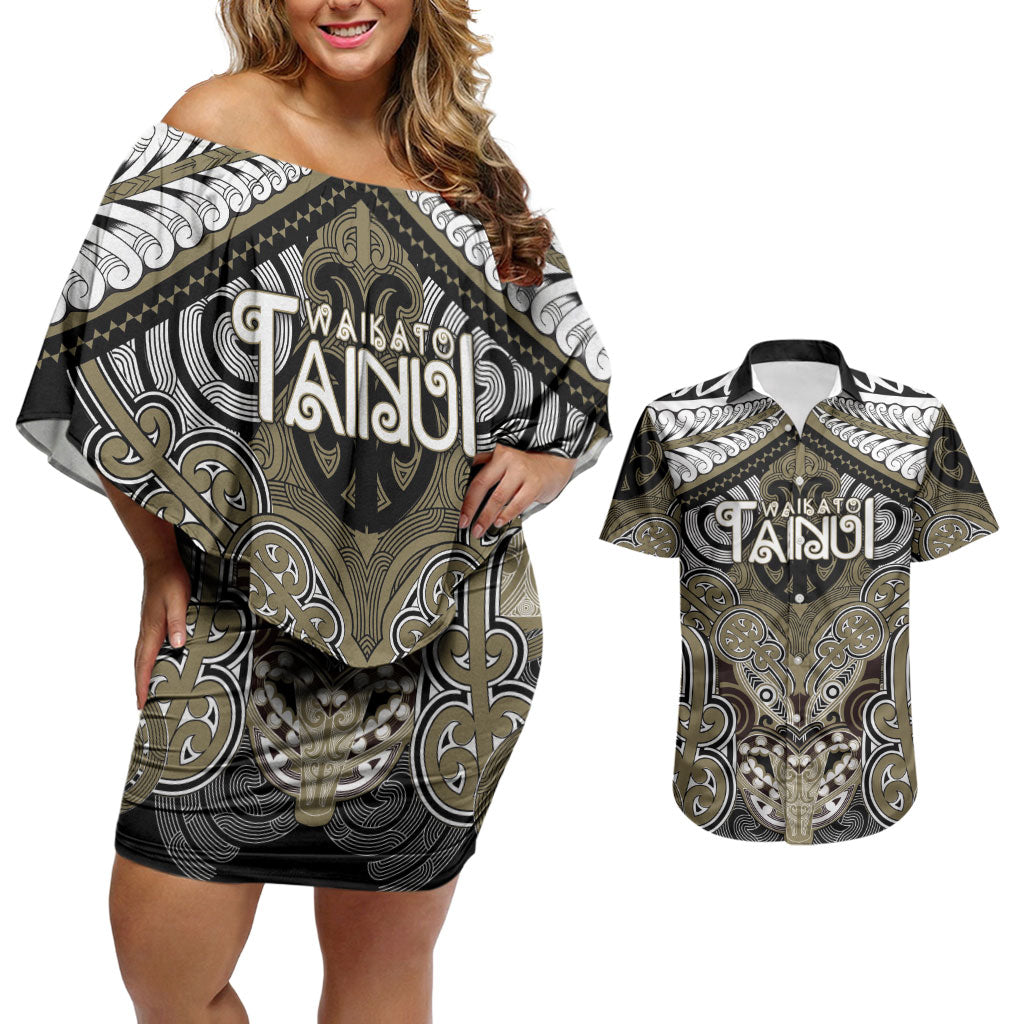 Aotearoa Iwi Waikato Tainui Personalised Couples Matching Off Shoulder Short Dress and Hawaiian Shirt Maori Kowhaiwhai Pattern LT19 Dark Yellow - Polynesian Pride