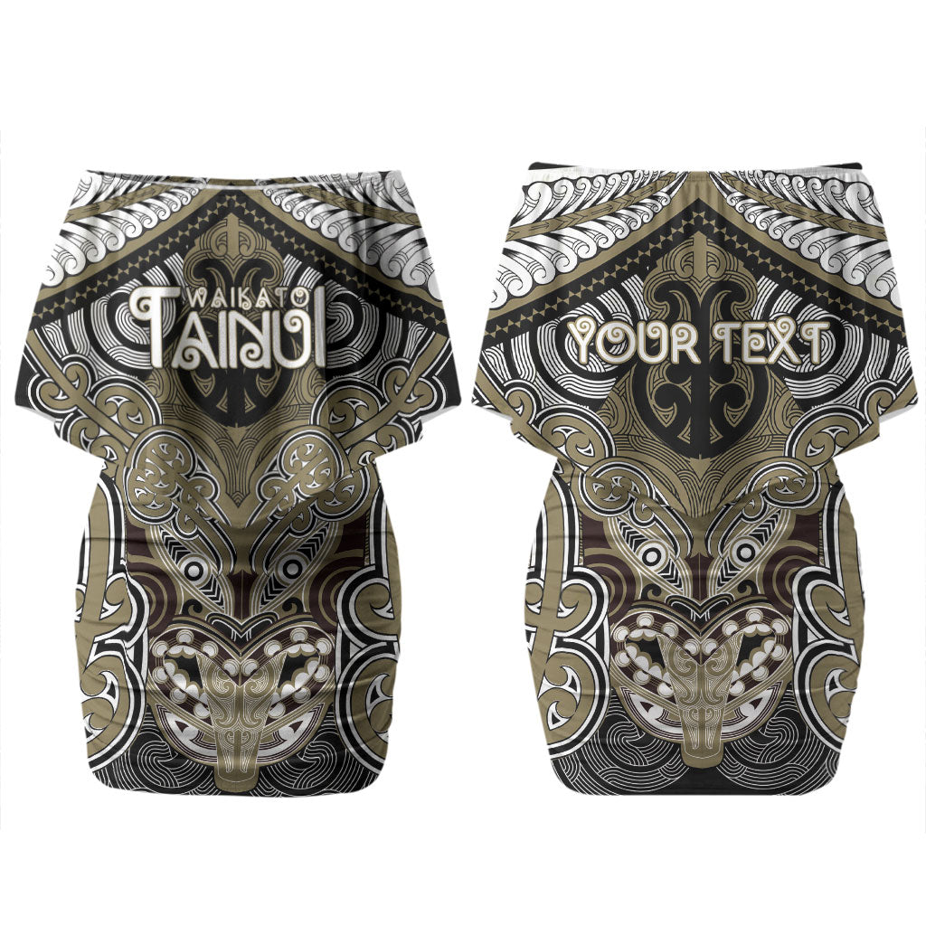 Aotearoa Iwi Waikato Tainui Personalised Couples Matching Off Shoulder Short Dress and Long Sleeve Button Shirt Maori Kowhaiwhai Pattern LT19 - Polynesian Pride